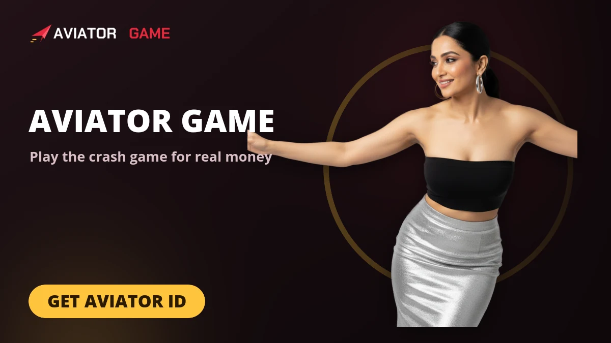 Aviator game promo banner — model welcoming players to the crash game for real money in India